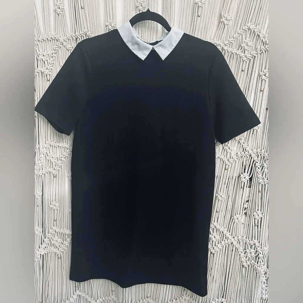 🩵🖤Black‎ Shirt Mini Dress with Light Blue Collar 🖤🩵